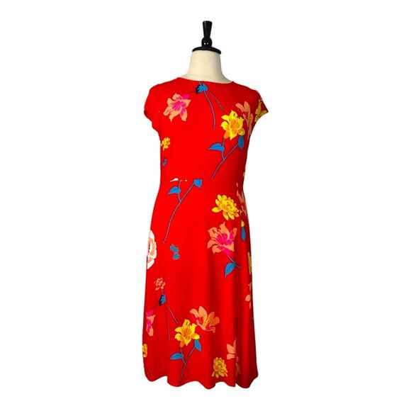 LOFT Midi Dress Cap Sleeves A-line Red Pink Multi Floral Women’s Plus Size 14 - Picture 1 of 10